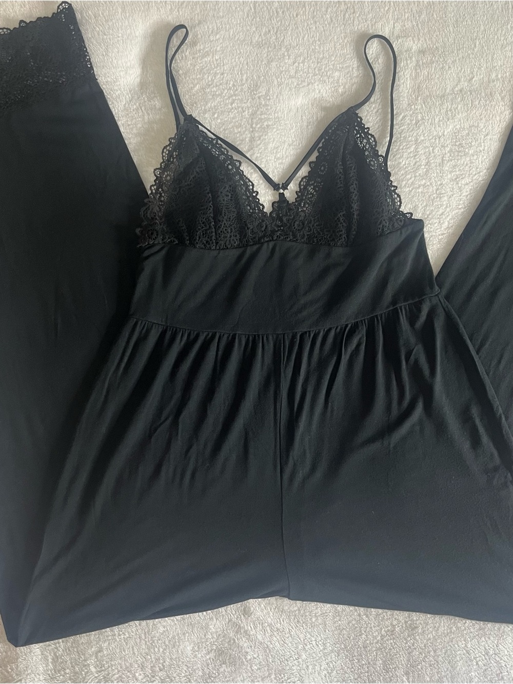 Victoria’s Secret Women’s Black V~Neck Lace Trim Sexy Sleep Jumpsuit Sz S - Picture 7 of 12